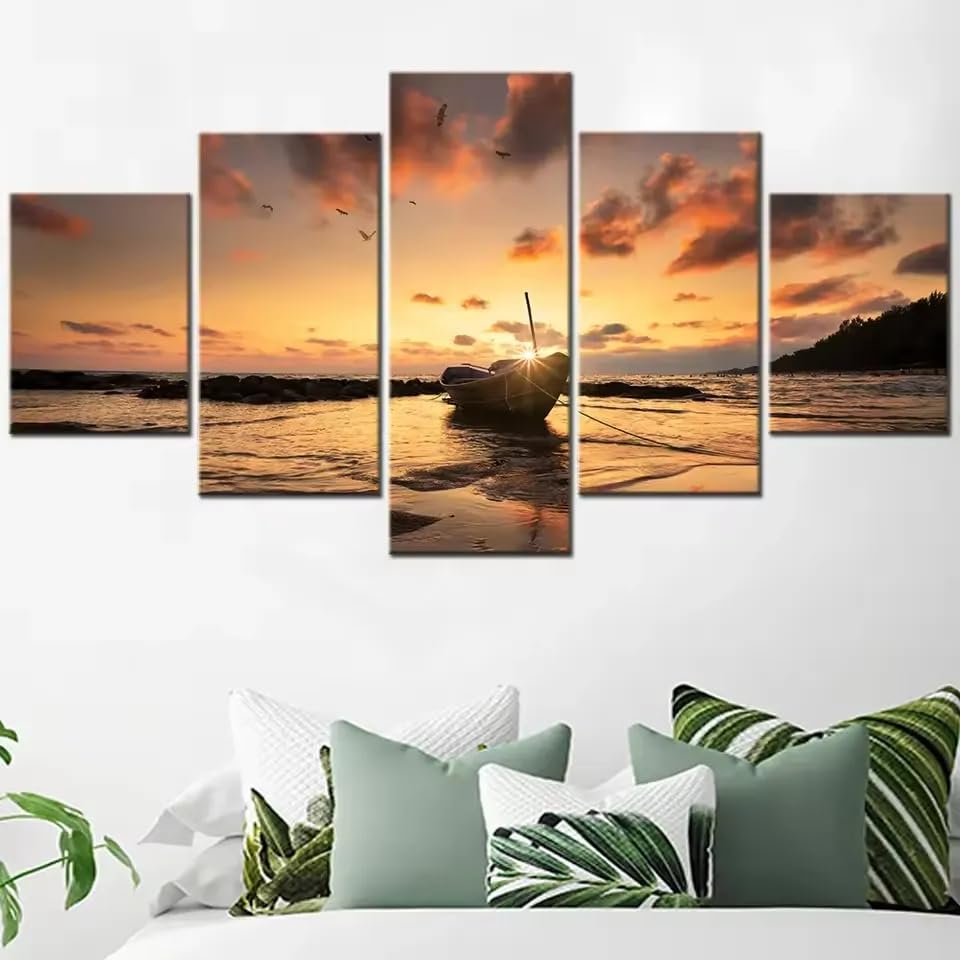 Coucher de Soleil Seascape Beach Boat Impression sur Toile 5 Parties Grand