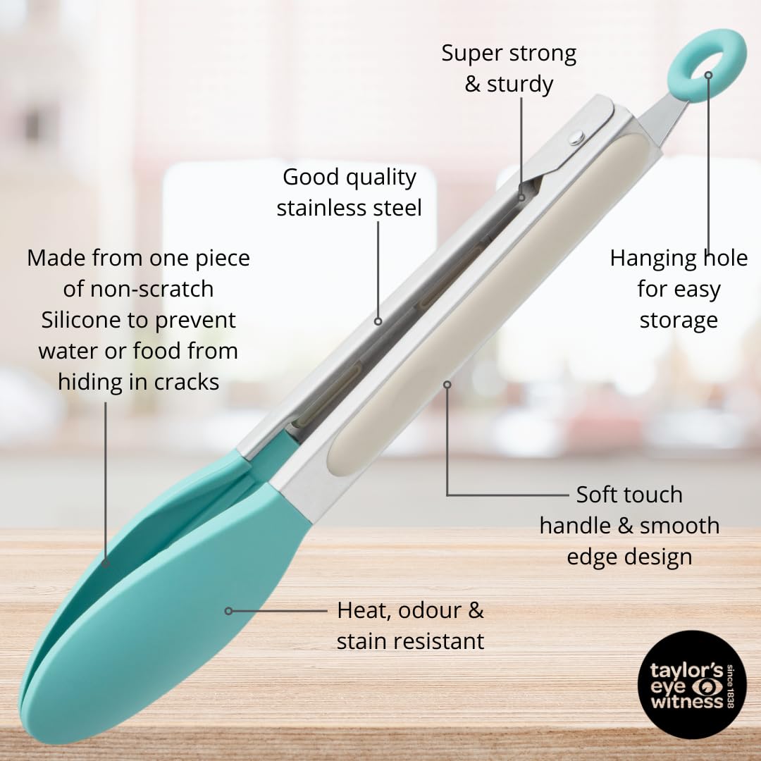 Taylors Eye Witness Large Steel Buttermilk & Turquoise Silicone Tongs, Dishwasher Safe, Sturdy Build, Non-Scratch - Image 4