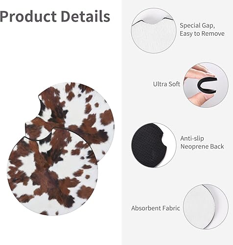 Miniatura 4 de Portavasos de cuero de vaca marrón con estampado de vaca, paquete de 2 posavasos universales para automóvil, tapete de goma antideslizante universal