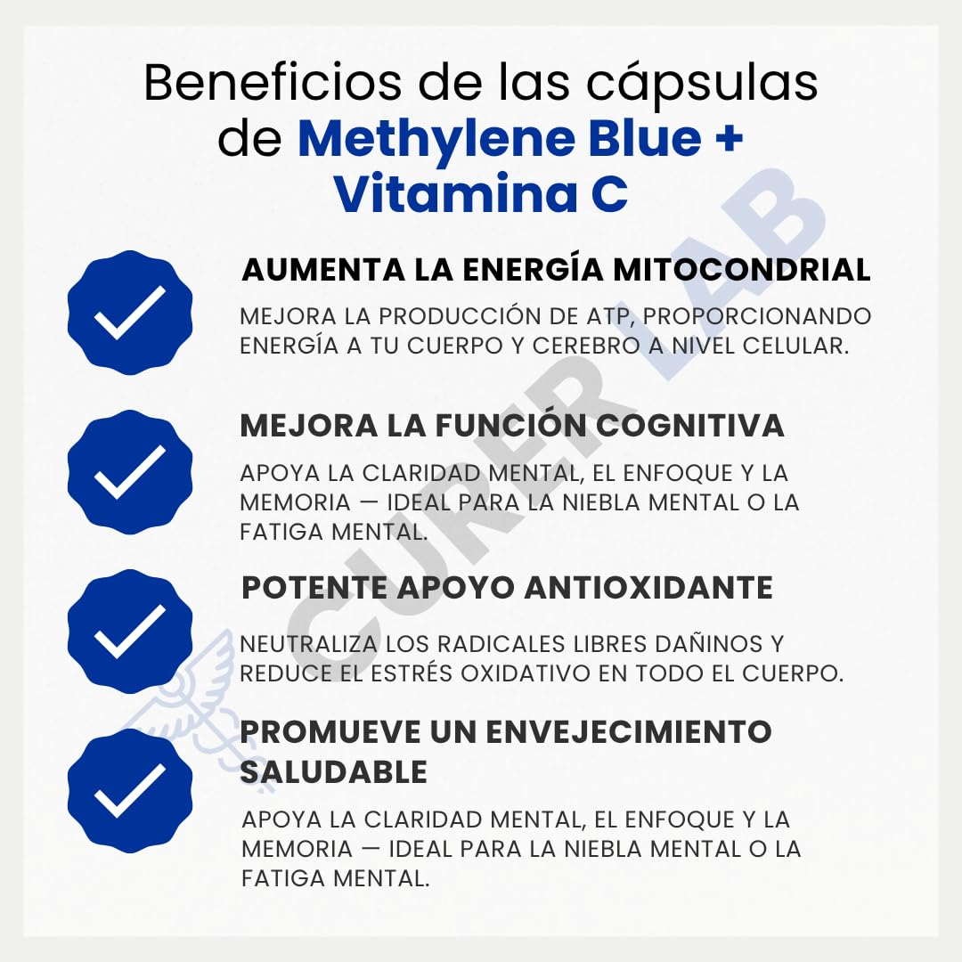 Methylene Blue USP Grade 20 mg | 60 Cápsulas | Pureza Ultraalta | Calidad Farmacéutica 99,99 % – Testado por Terceros | Libre de Formaldehído | Con Vitamina C | Fabricado en Europa