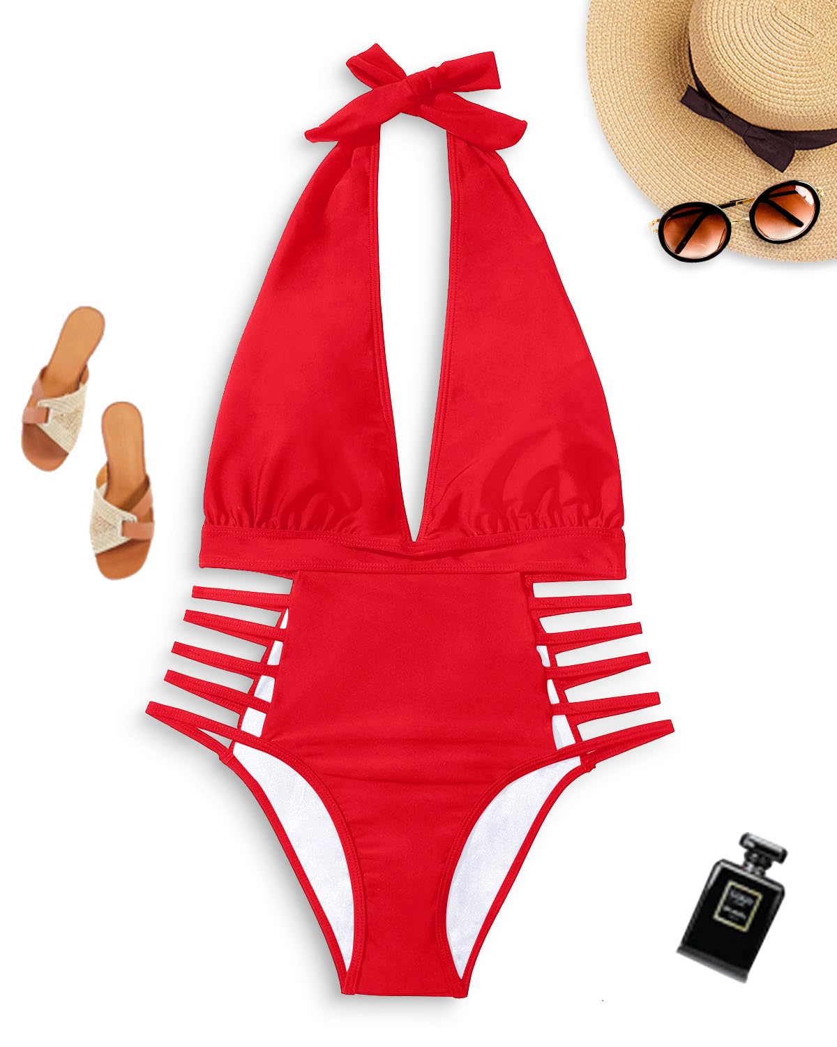 Aqua Eve Women Sexy One Piece Swimsuits Halter Plunge V Neck Cutout Bathing Suits