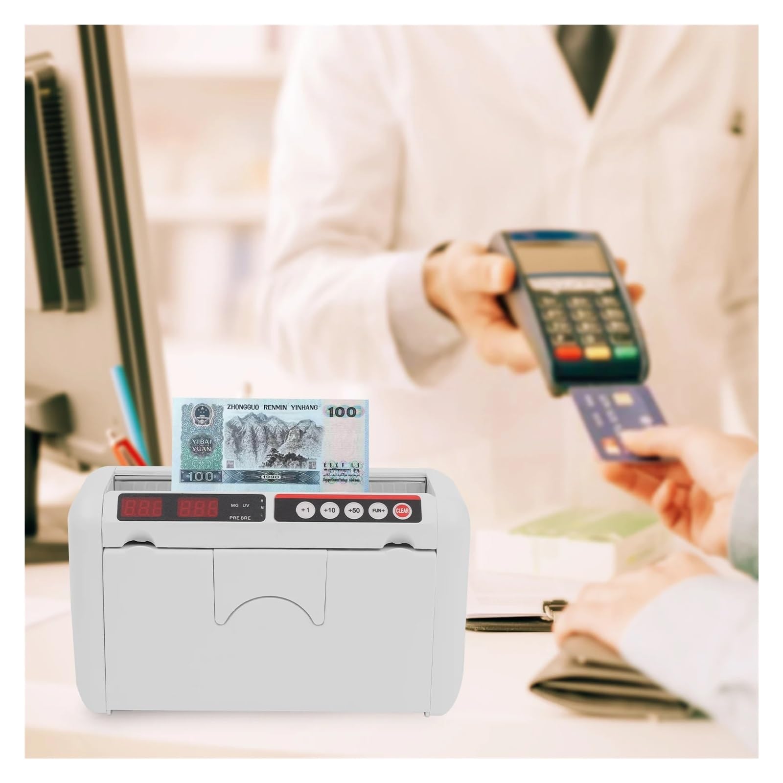 Contatore di denaro, Contasoldi bianco a batteria da 25 W, 800 banconote/min for banche e finanza