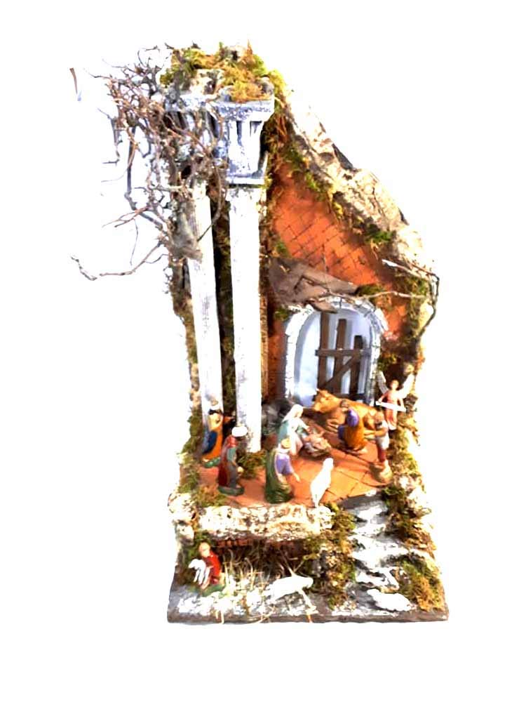 Presepe Completo Sughero e Legno Napoletano Tempio con 10 pastori 10 cm Crib 30x25 cm Alto 50cm conj pastori Terracotta statuine presepe ricevi Un Portachiavi S.G. ARMENO Artigianali nic 40