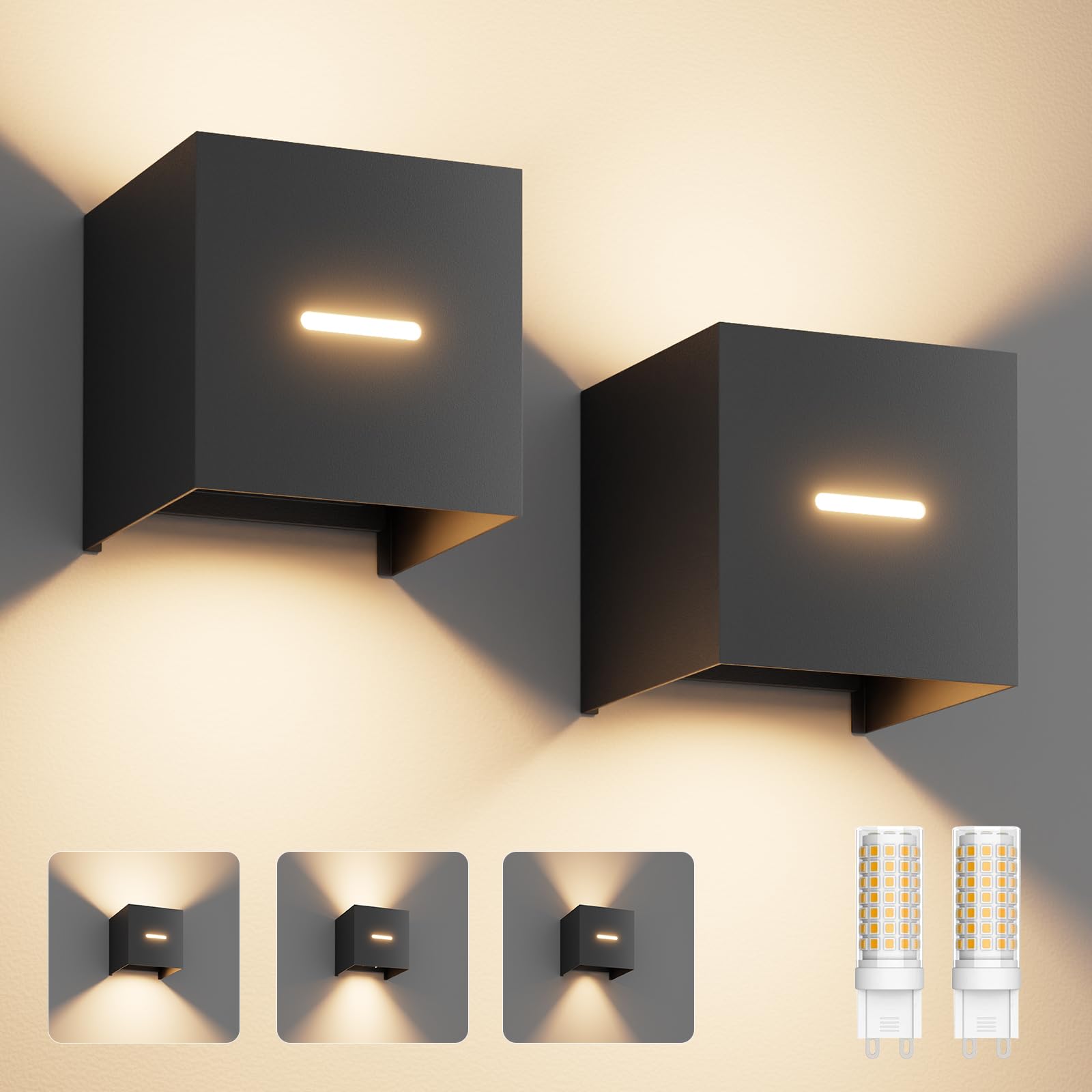 Klighten 2 Stück Aussenlampe mit Austauschbarer G9 Lampe 3000K, Schwarz | Auf und ab einstellbarer Lichtstrahl, Aluminium Außenwandleuchten, Wasserdichte IP54, 9W Wandleuchte für Wohnzimmer Garten