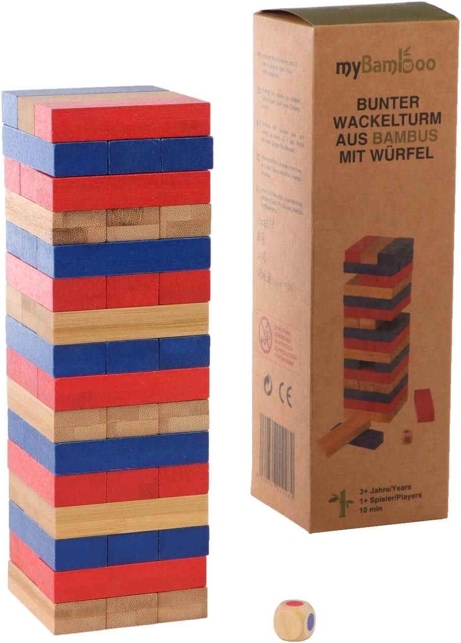 myBamboo Torre de bambú con dados adicionales, juego de habilidad, juego de sociedad, juego de madera sostenible con piedras de colores.