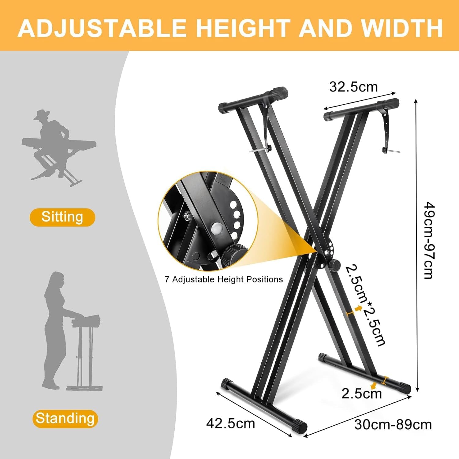 KingSaid Support pour clavier réglable en hauteur de 49 cm à 97 cm, pliable, type X, double renfort, pour claviers et pianos numériques (Barres parallèles)