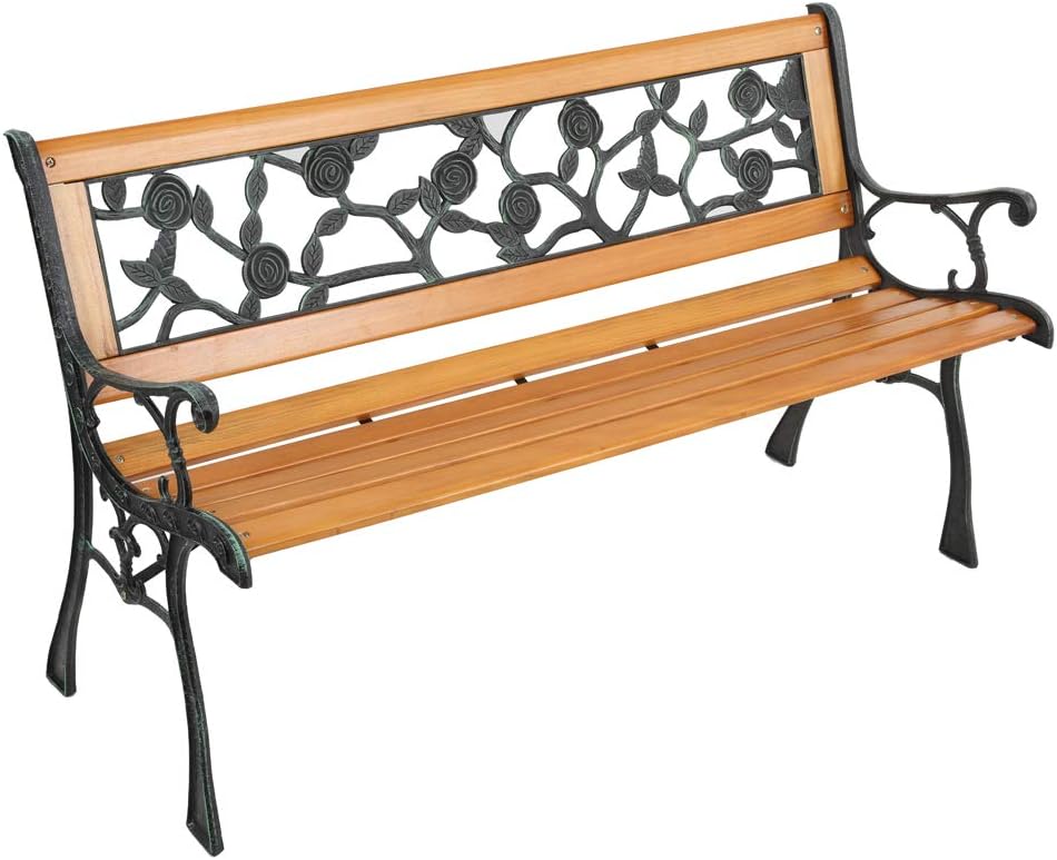 Elegant Outdoor Garden Bench with Floral Back Design for Patio, Porch, Deck or Yard – Cast Iron Frame and Weather-Resistant Hardwood Construction