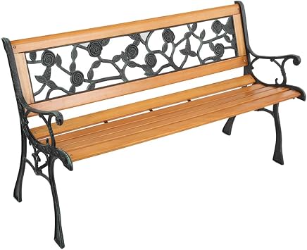 49" Outdoor Garden Bench Wood Metal Patio Park Bench Elegant Porch Deck Loveseat with Rose Pattern Backrest, Bronze & Natural