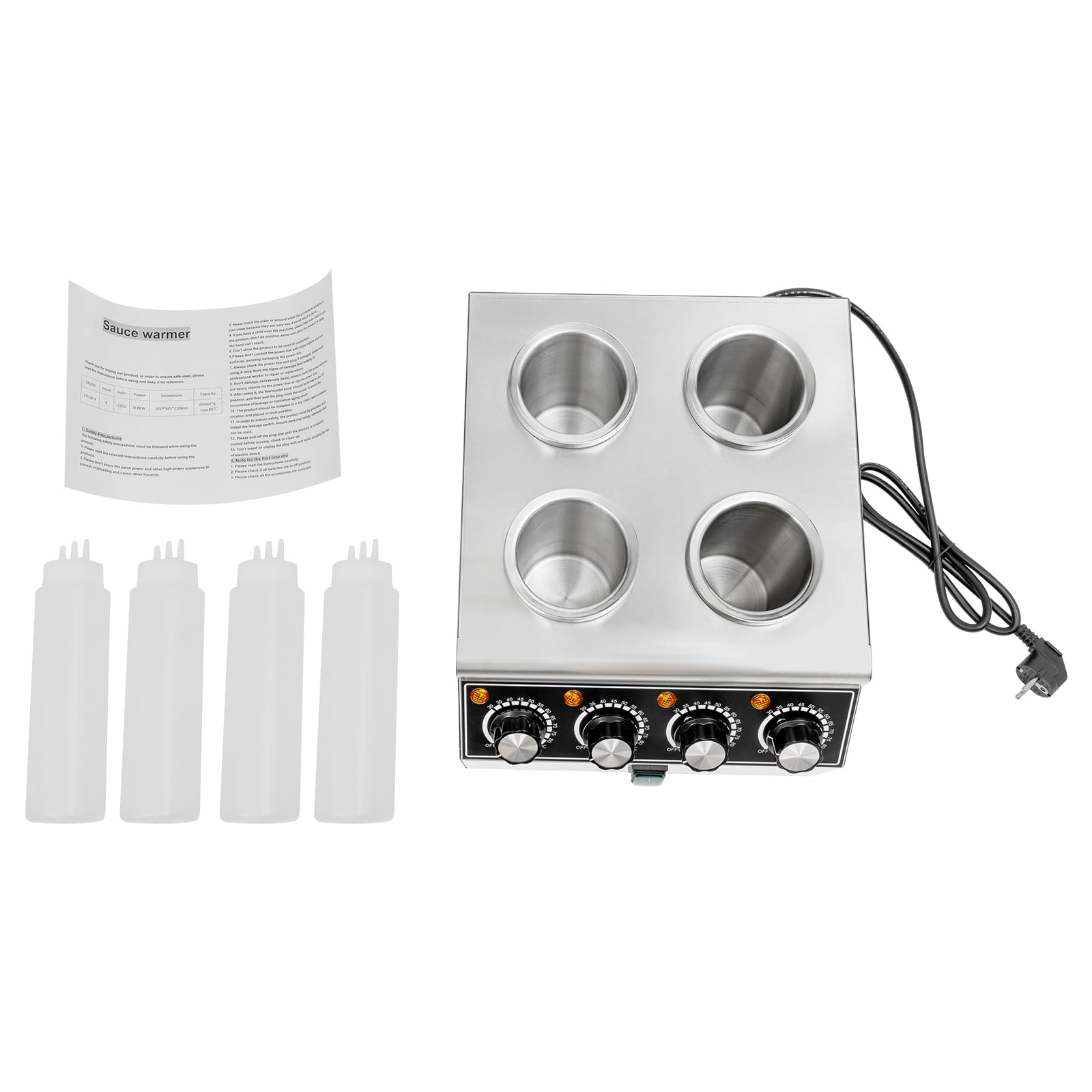 Calentador de salsas eléctrico, 800 W, con 4 botellas de PVC, máquina de calentamiento de salsas de acero inoxidable, 30-85 ℃, para mantener diferentes salsas calientes