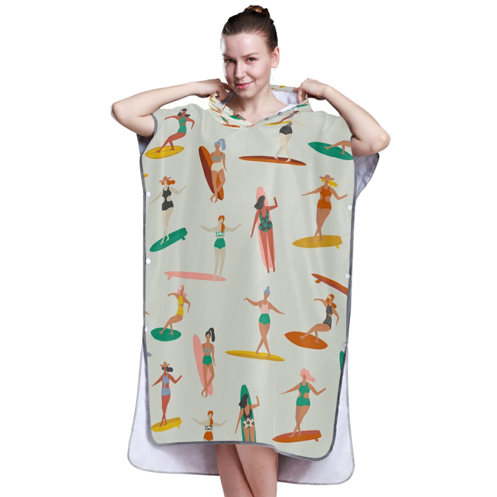 Mädchen Surfer in Bikinis Nahtloses Muster Erwachsene Surf Poncho Wickelmantel mit Kapuze und Tasche, schnell trocknender Bademantel, Mikrofaser-Handtuch-Neoprenanzug für Bad, Strand, Outdoor