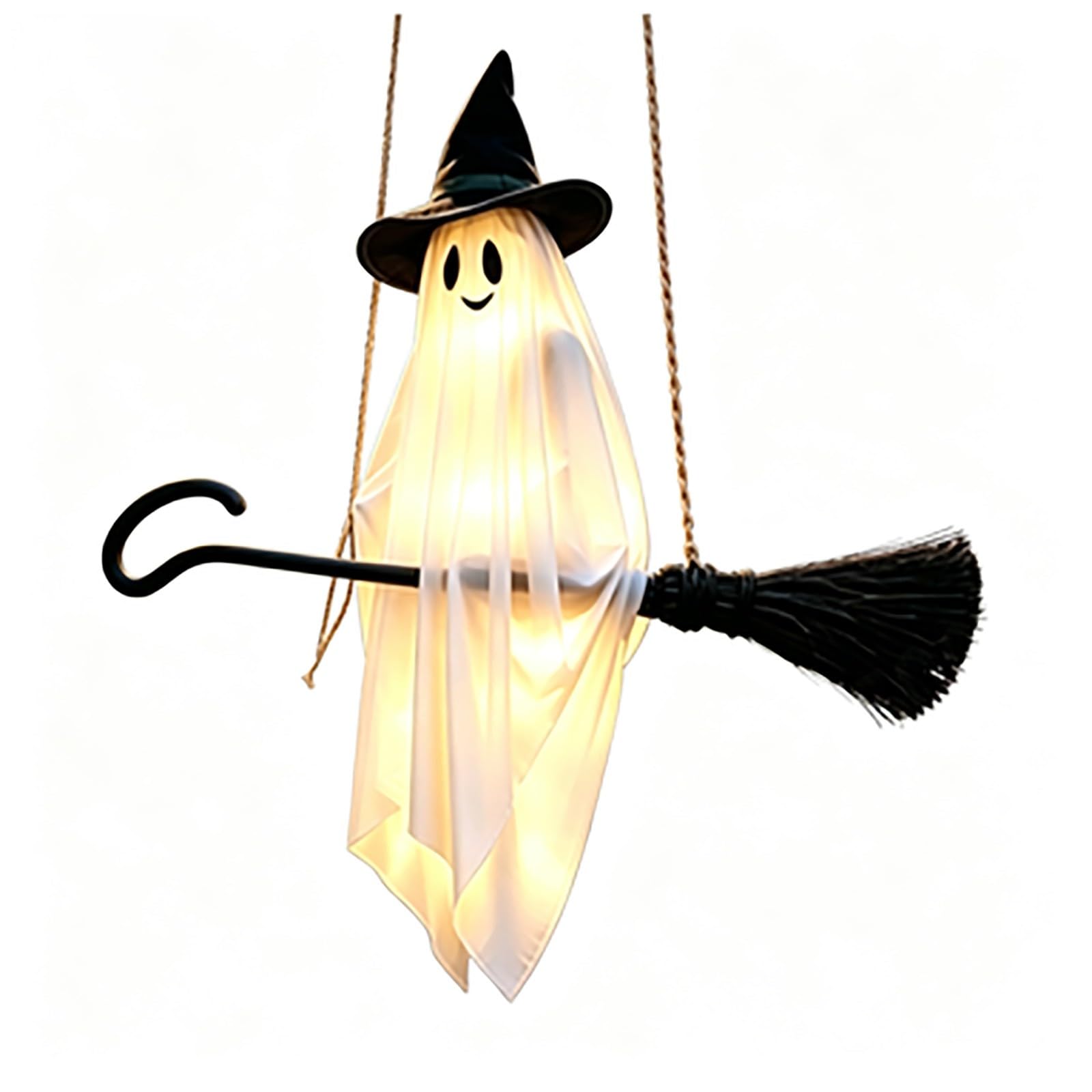 Decoración Colgante Luminosa de Halloween: Fantasma con Sombrero de Bruja Montando una Escoba, con Luces LED cálidas. Ideal para Interiores y Exteriores, porches, Jardines, Patios,