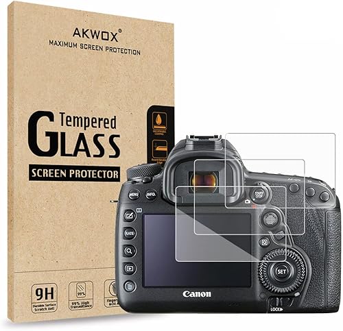 AKWOX Paquete de 3 protectores de pantalla de vidrio templado para Canon EOS 5D MK IV Mark 4, [0.012 in 2.5D alta definición 9H] óptico LCD Premium
