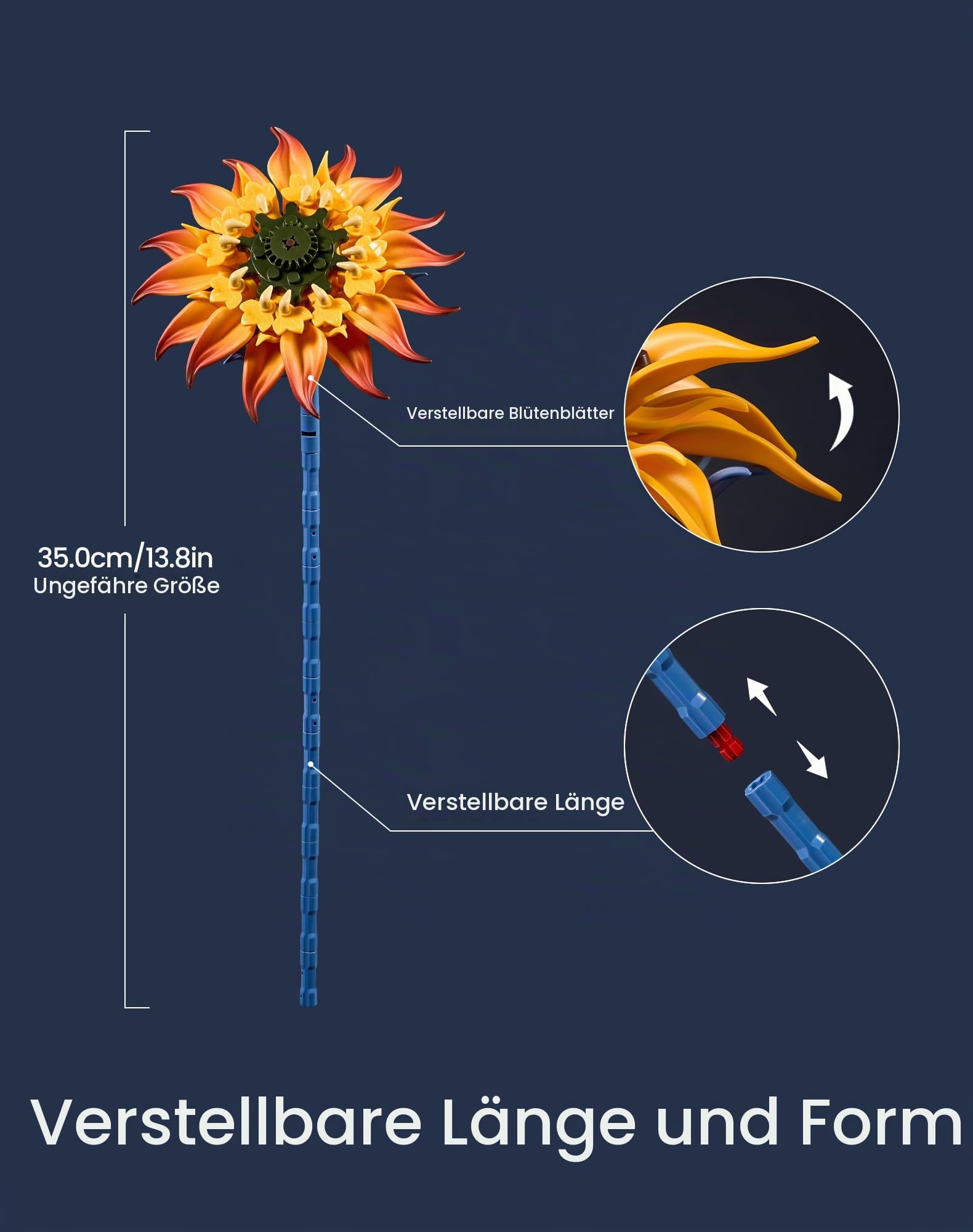Flammende Sonnenblume Klemmbausteine (771 Teile), Künstlicher Blumenstrauß Bausatz mit 4 Blütephasen & verstellbarem Stiel, Tischdeko, Geschenk für Erwachsene & Frauen