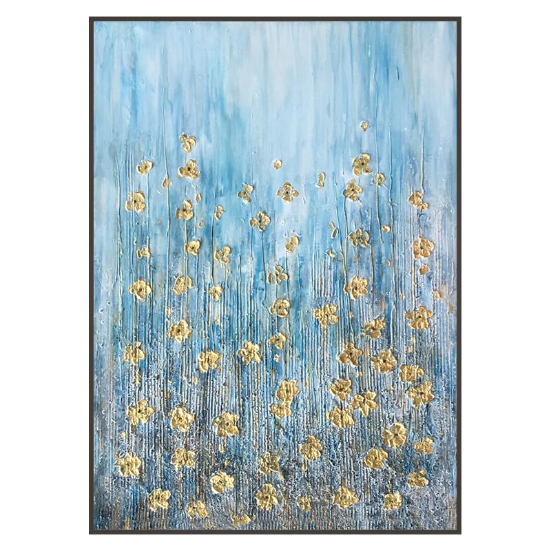 Peinture à l'huile de fleurs sur toile abstraite bleue et or pour décoration murale