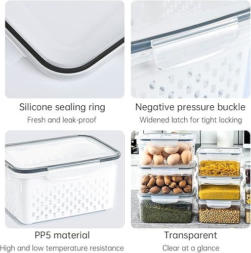 Miniatura 6 de ikasus Caja de almacenamiento para refrigerador con tapa y cesta de drenaje, contenedores de almacenamiento de frutas y verduras transparentes,