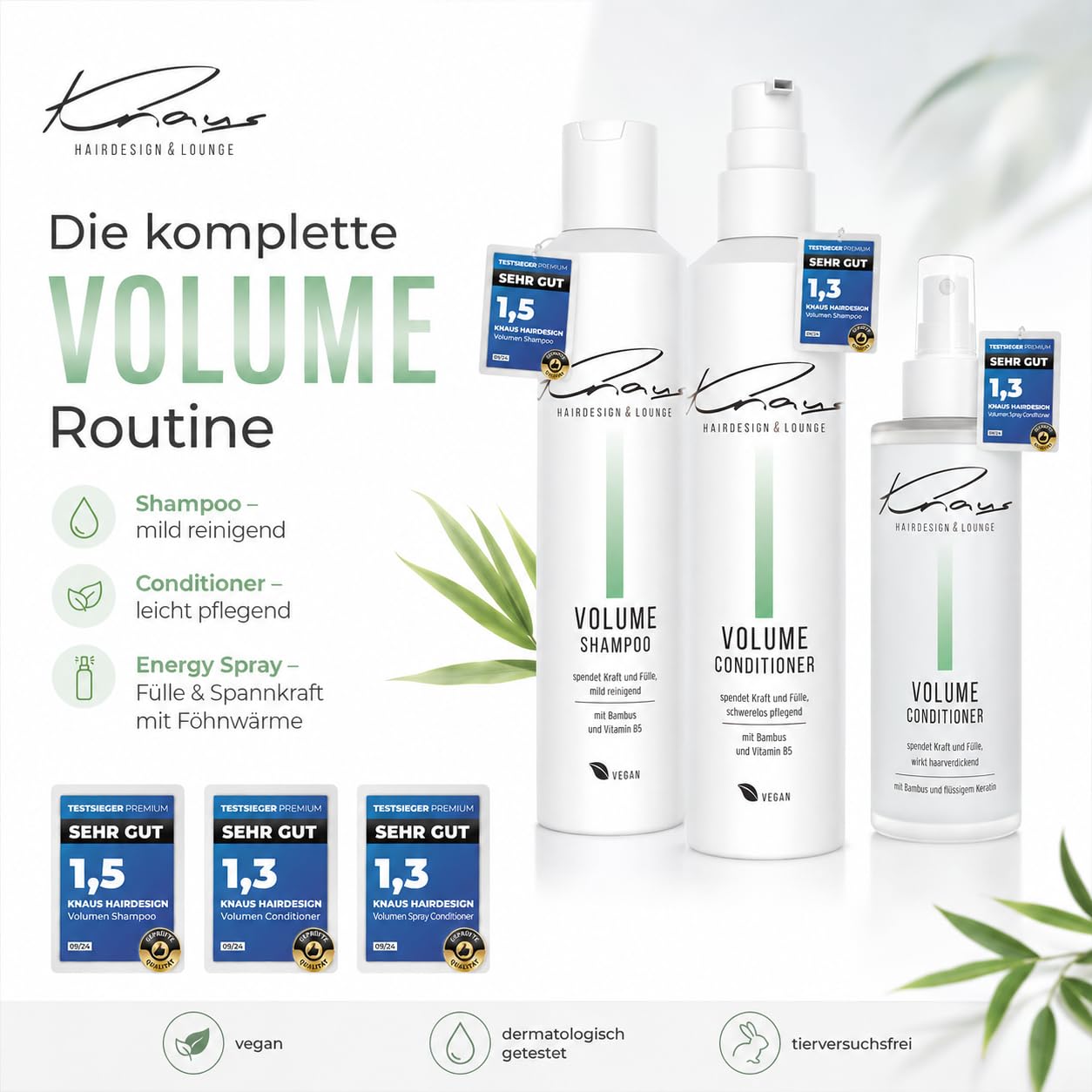 Knaus Volume Set 3-teilig - Friseur Shampoo Conditioner und Energy Spray mit Bambus, Vitamin B5 und Keratin für feines Haar, gegen kraftloses dünnes Haar, vegan, 2x200ml plus 100ml