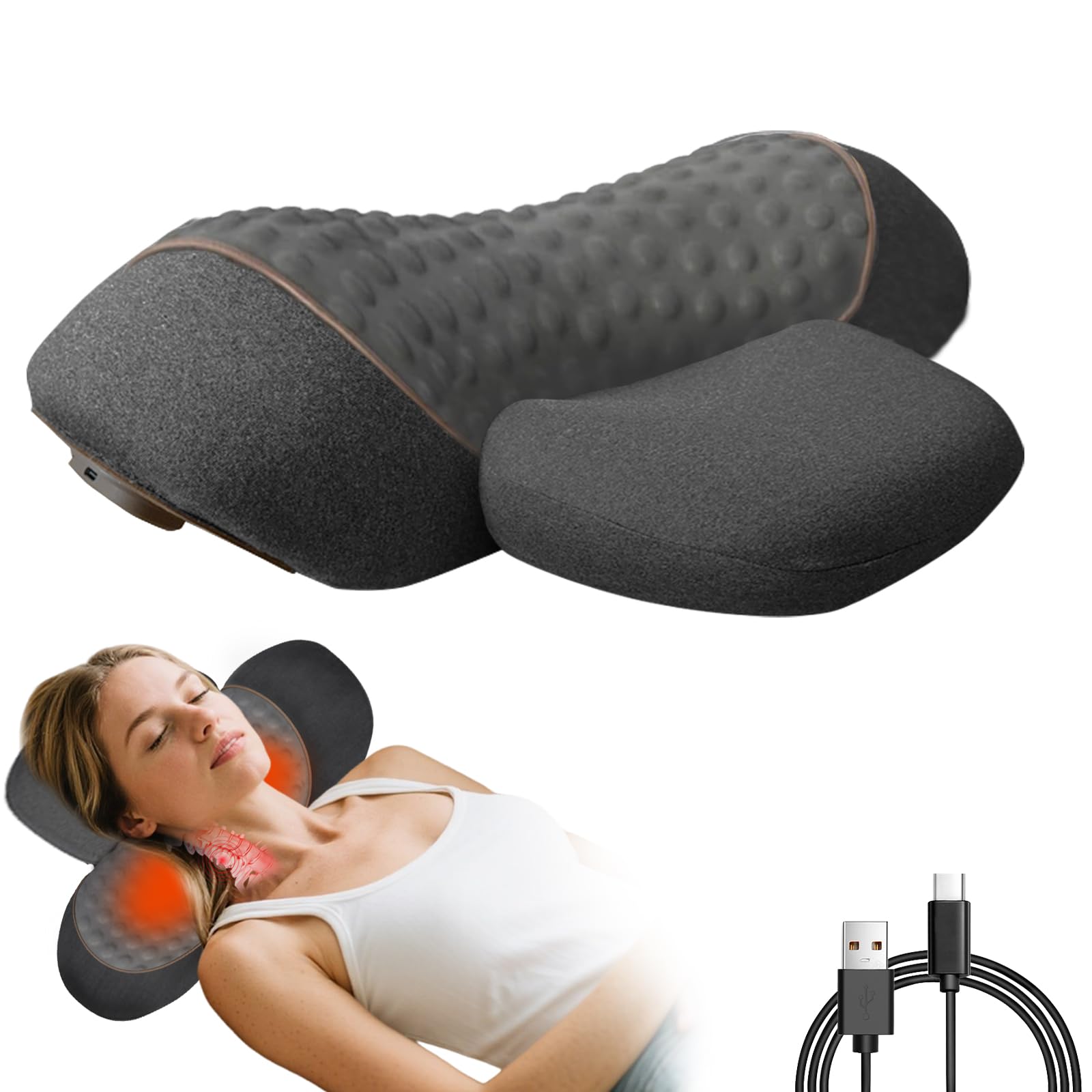 3-In-1 Neck Massager Pillow, Neck Massager with Heat and Traction, for Stretcher Massage (Gray)