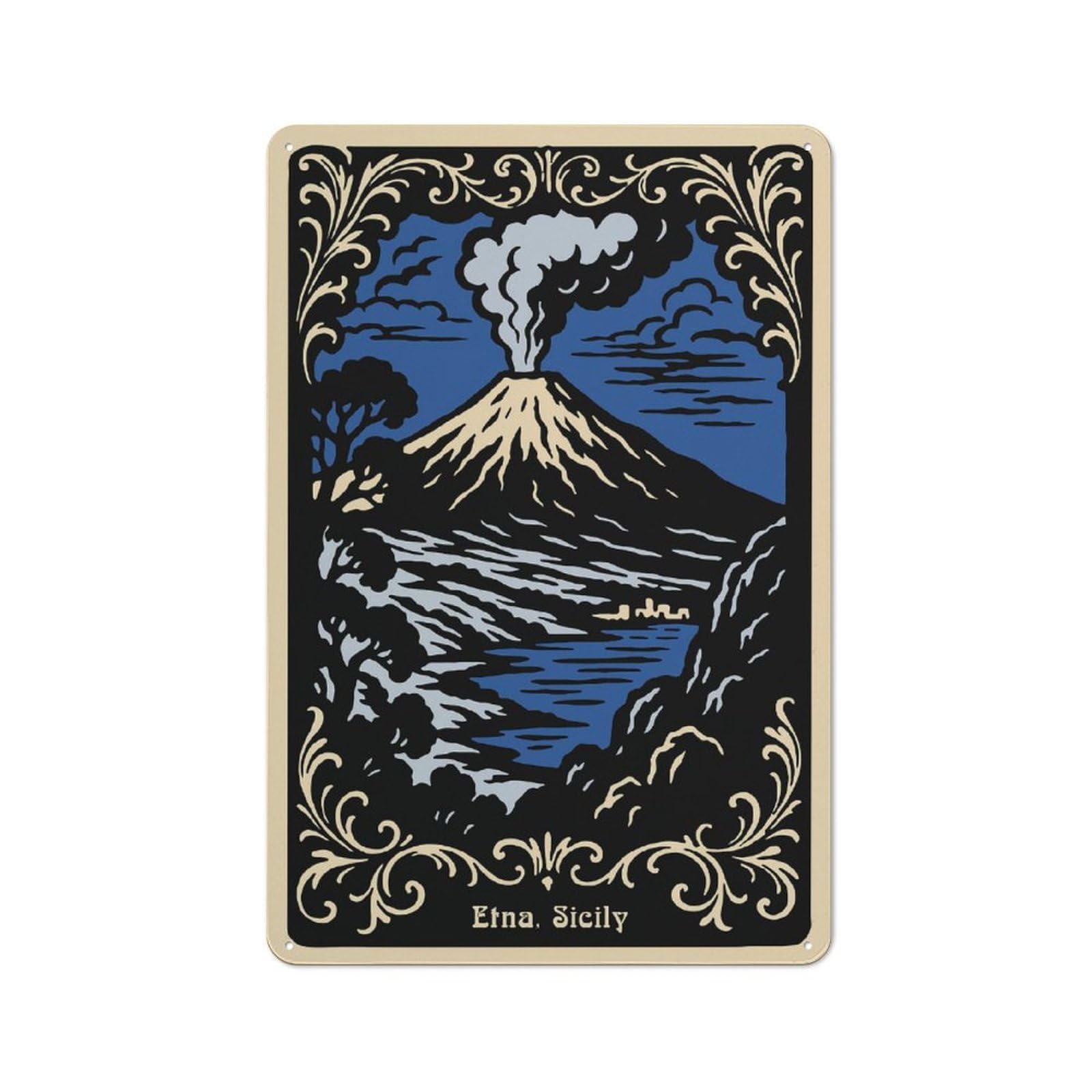Junmoney Style-2 Decorative Metal Sign With Etna, Sicily Volcanic Landscape Art Design 30X20cm, Cosy Cafe Wall Decor For Kitchen, Cafe, Pantry Or Dining Room