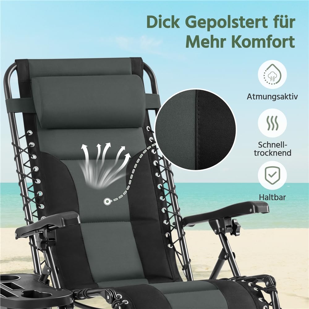 Yaheetech Sonnenliege Klappbar Wetterfest, Ergonomisches Gartenstuhl Gartenliege mit Verstellbarer Rückenlehne, Relaxliege inkl. Nackenkissen & Getränkehalter, Schwarz & Grau | Ergonomisches Gartenstuhl Gartenliege Relaxliege inkl. Nackenkissen & Getränke