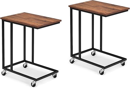 Miniatura 1 de Giantex Juego de 2 mesas auxiliares en forma de C, mesa auxiliar de sofá móvil con ruedas, mesa industrial para aperitivos con marco de metal, mesas