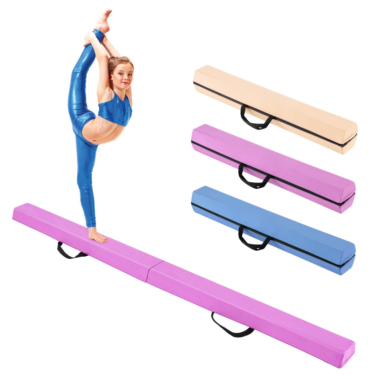 GYMAX Poutre Gymnastique Pliable 210cm, Poutre d'Équilibre Enfant, Revêtement Doux en Daim, Fond Antidérapant, Poignée de Transport, Équipement d'Entraînement à Domicile pour Débutants