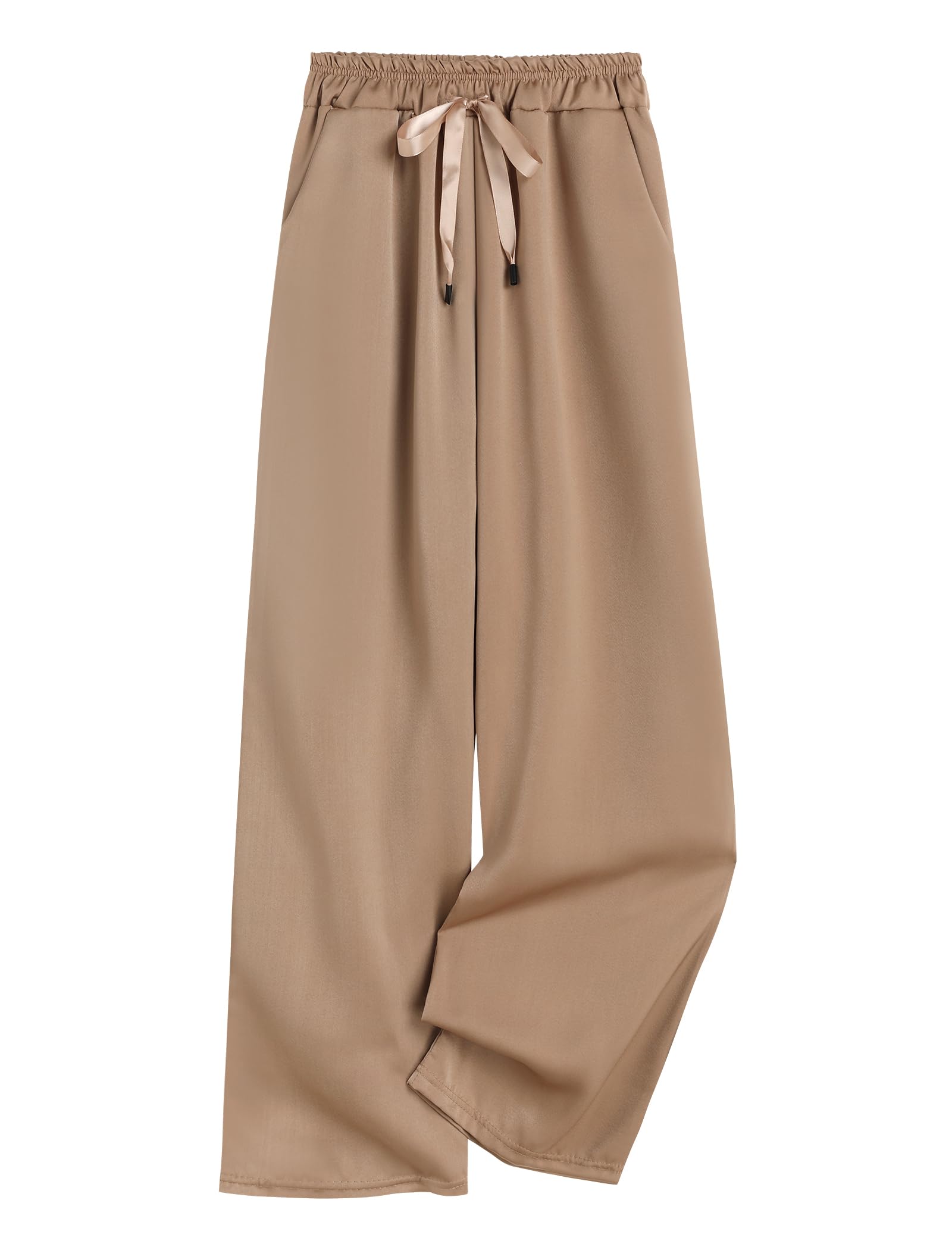 ZAFUL Womens Wide Leg Satin Pants Casual Loose Elastic Waist Drawstring Silk Long Business Office Trousers