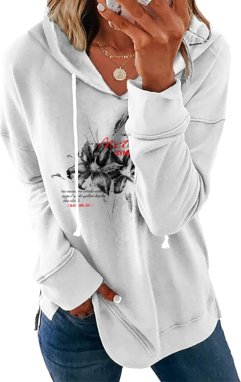 Women’s White Floral Print Hoodie Long Sleeve Pullover Sweatshirt Loose Fit Cotton Blend Drawstring Hooded Top