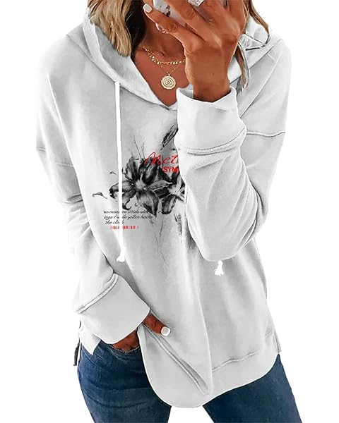Women's White Floral Print Hoodie Long Sleeve Pullover Sweatshirt Loose Fit Cotton ...