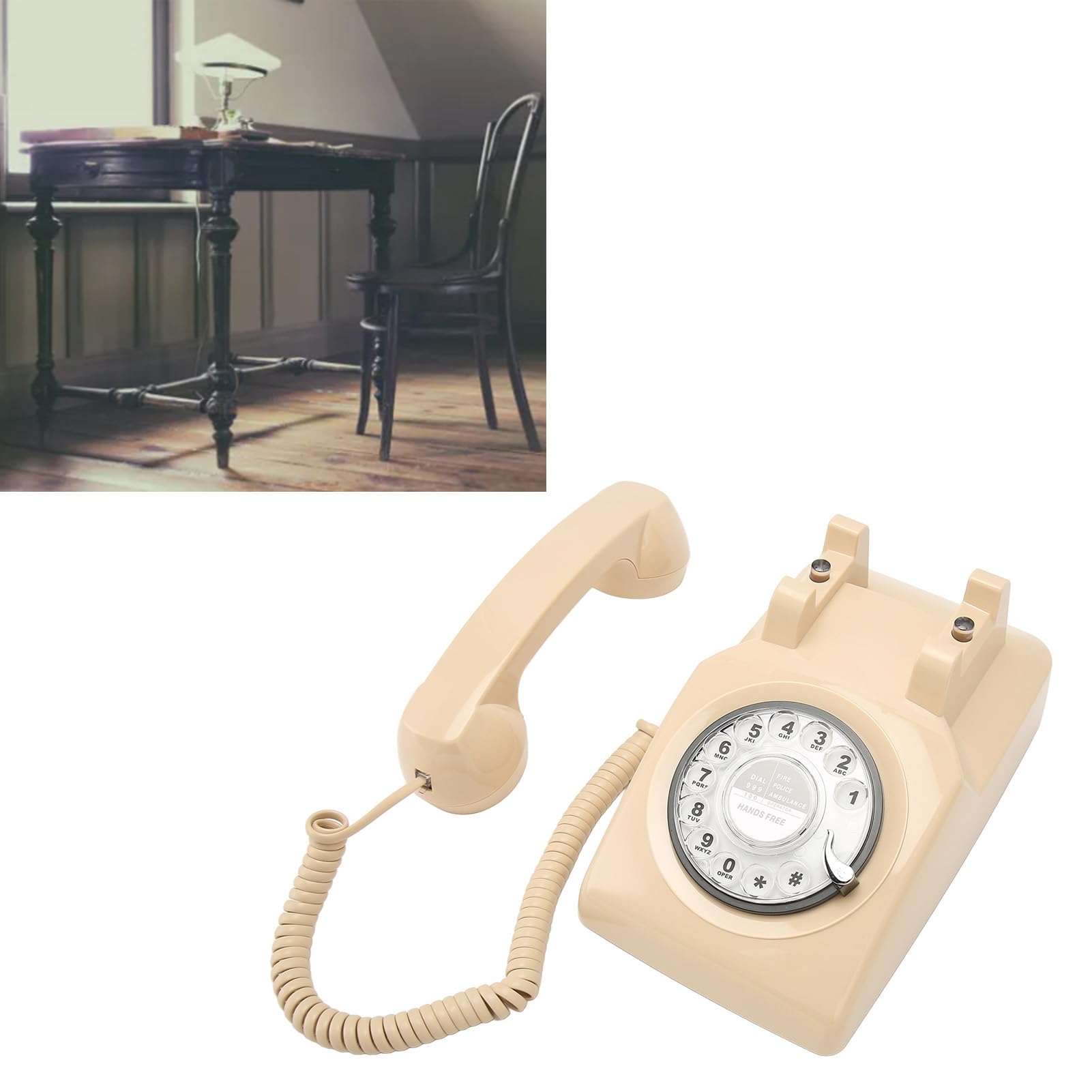 Generic Telefon Obrotowy w Stylu Retro Elegancki Telefon Stacjonarny w Stylu Vintage z Mechanicznym Dzwonkiem do Użytku Biurowego, Domowego i Hotelowego (Beżowy)