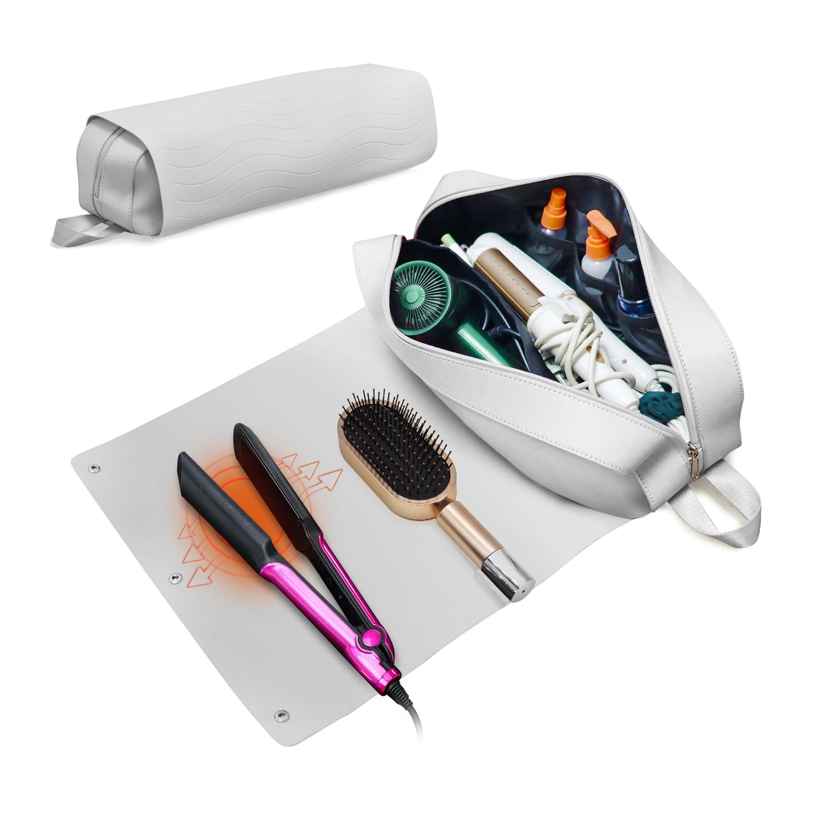 Hair Tools Travel Bag with Heat Resistant Mat, 17" x 5.9" Neoprene Hair Tool Organizer Bag 2-in-1 Design for Straighteners, Flat Irons, Curling Iron, Hair Dryer, Travel Essentials for Women (Grey)