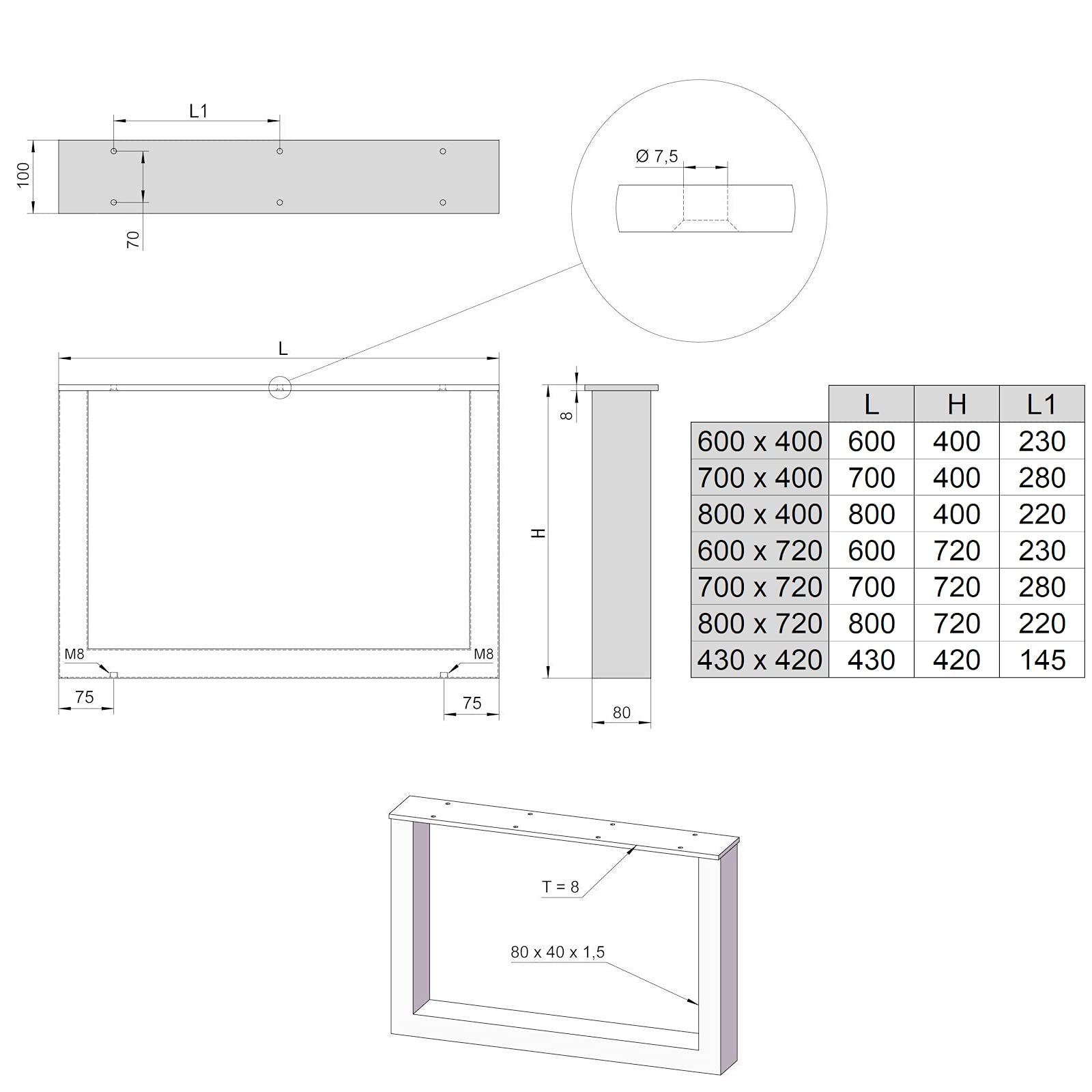1 paio Basi di Tavolo TAB Acciaionero opaco Profile 80 x 40 mm Altezza 720 mm Profondità 600 mm Pattini di Tavolo Design Industriale Basamento di Pattini di SO-TECH®