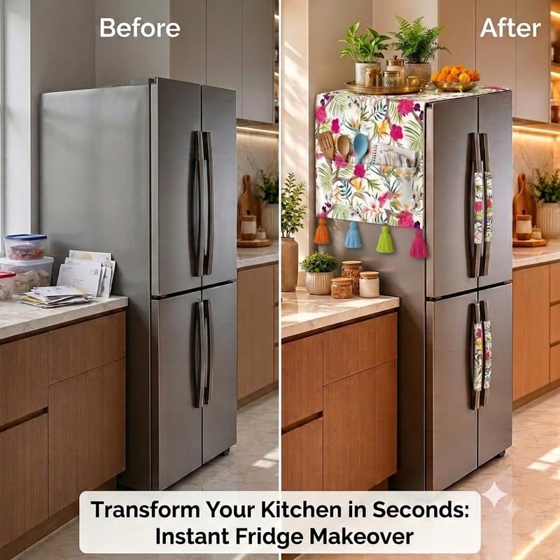 Image of Four Door Fridge Cover 400+L | 450 GSM Durable Fridge Top Cover with Tassels & Pockets | Fits Godrej, LG, Haier, Samsung Models | Dustproof Refrigerator Cover in Floral | WWW.THROWPILLOW.IN