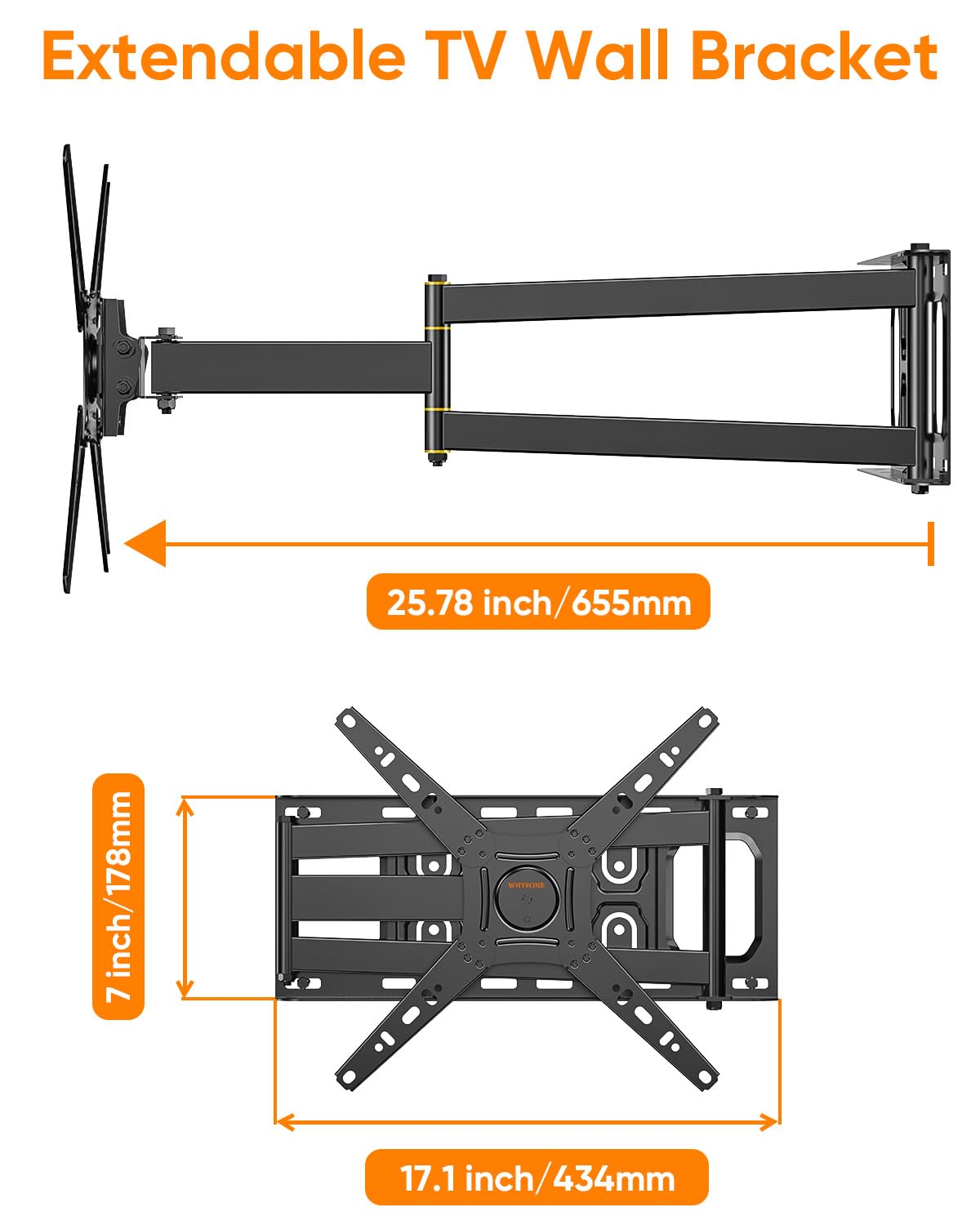 Uchwyt ścienny do telewizora z długim rękawem do płaskich i zakrzywionych telewizorów o przekątnej 14-49", obrót o 180°, uchwyt do telewizora, obracany o 180°, pełny ruch, uchwyt narożny z