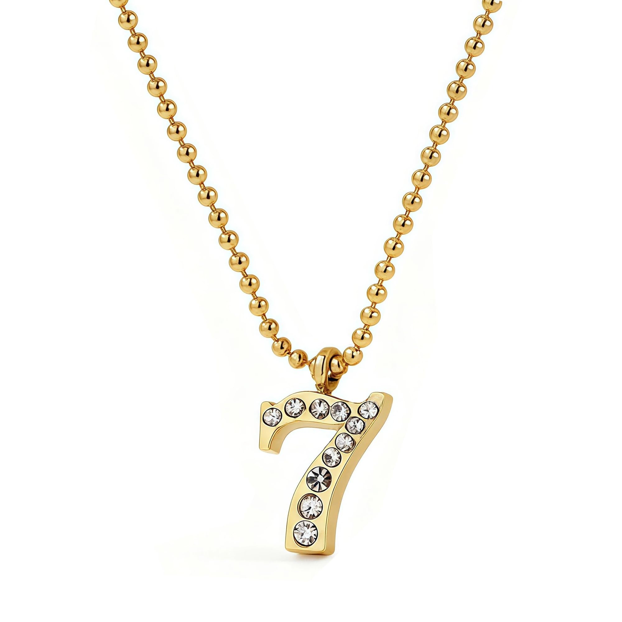 Tiny Lucky Number Pendant Necklace for Women,18K Gold Plated Dainty Personalized Stainless Steel Inlay Crystal Charm Choker,Ball Beaded Chain,Trendy Jewelry for Her Wife Birthday Gifts NO.7