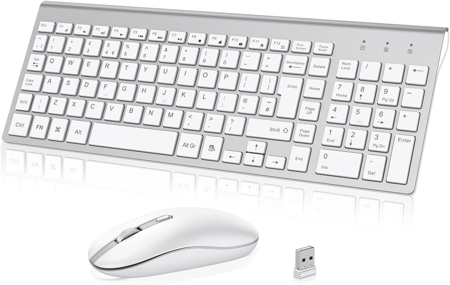 Wireless Keyboard Mouse Combo, cimetech 2.4G Ultra-Thin Keyboard and Mouse Set with Sleek Ergonomic Silent Design & Stable Connection for Windows PC Laptop Computer (QWERTY UK Layout, Silver White)