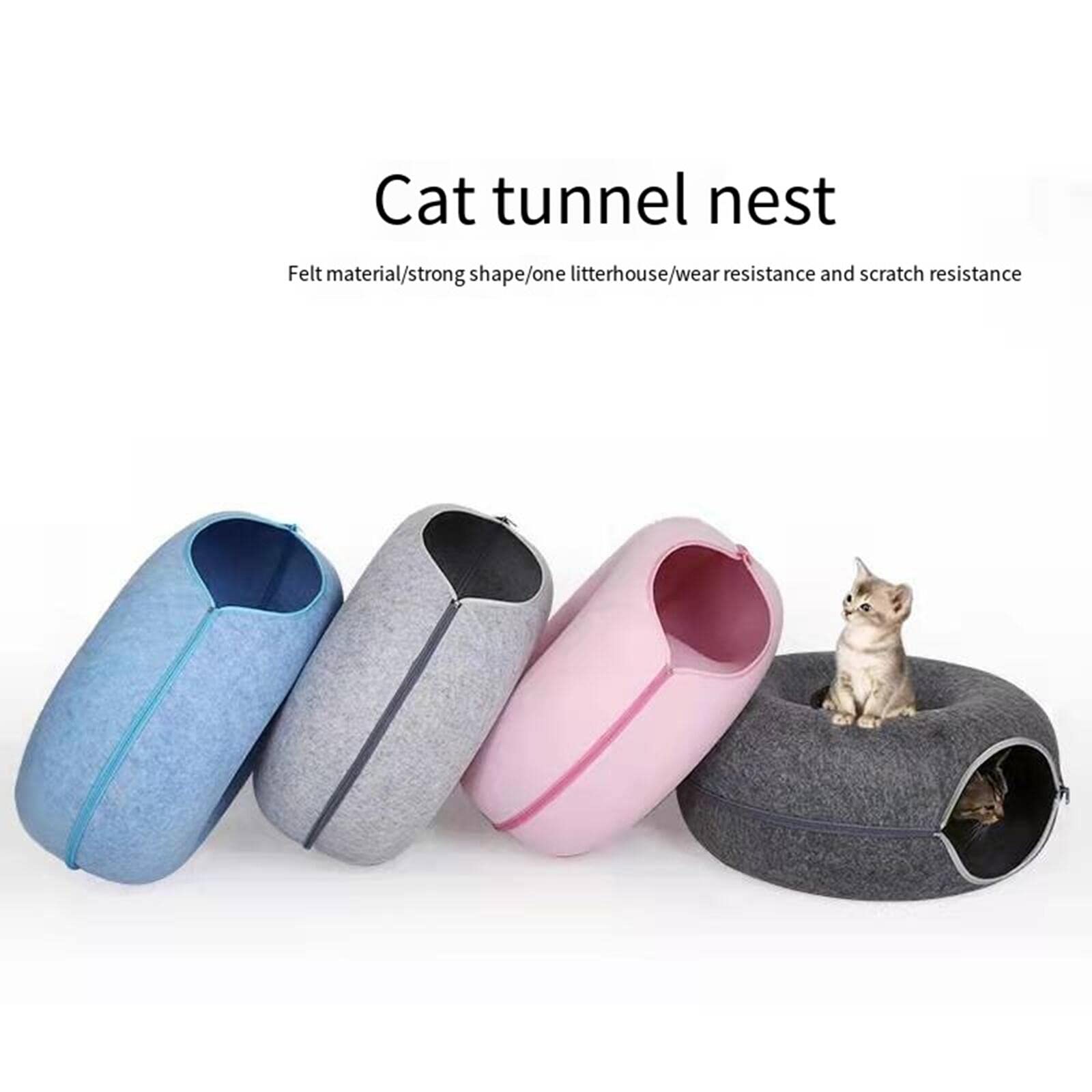 كهف للقطط من بيكابو، عش قطط قابل للإزالة بتصميم نفق من اللباد، عش للحيوانات الأليفة بتصميم حلوى دونات دائرية، سرير وكهف للقطط وكهف لجميع الفصول (كبير، داكن)