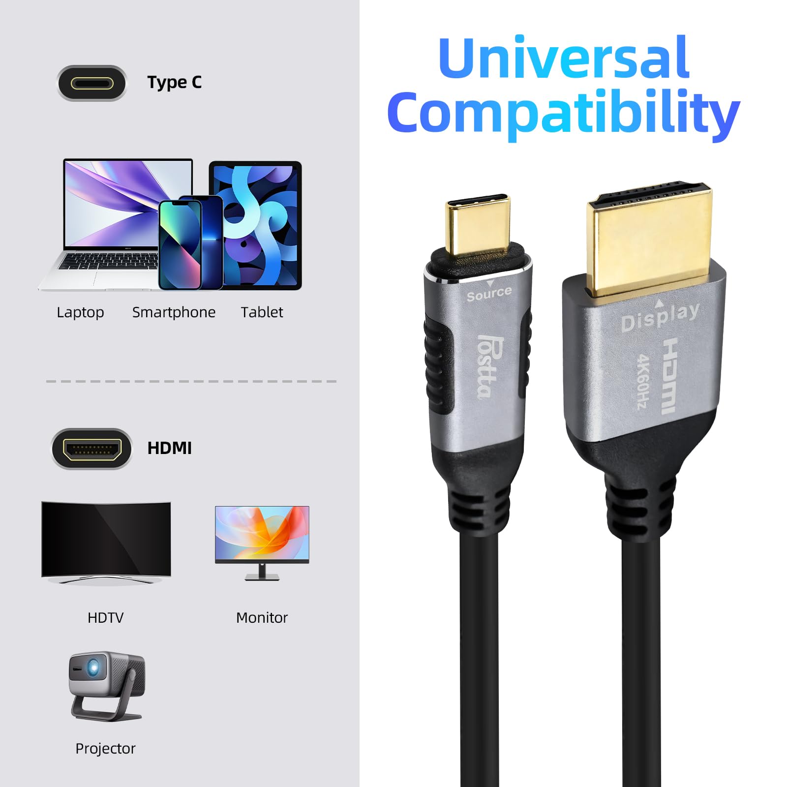 Amazon | Postta USB C HDMI 変換ケーブル 3M 4K@60Hz USB C-HDMI変換
