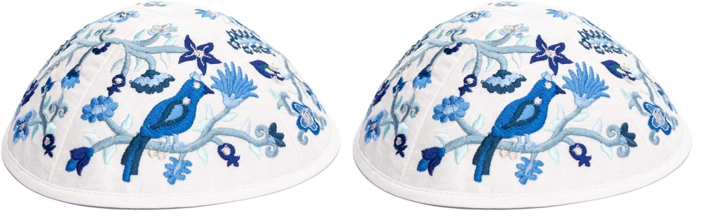Yair Emanuel Kippah Yarmulkes & Yemenite Hat Judaica Embroidery Kippah Blue Flowers and Birds (Bundle)