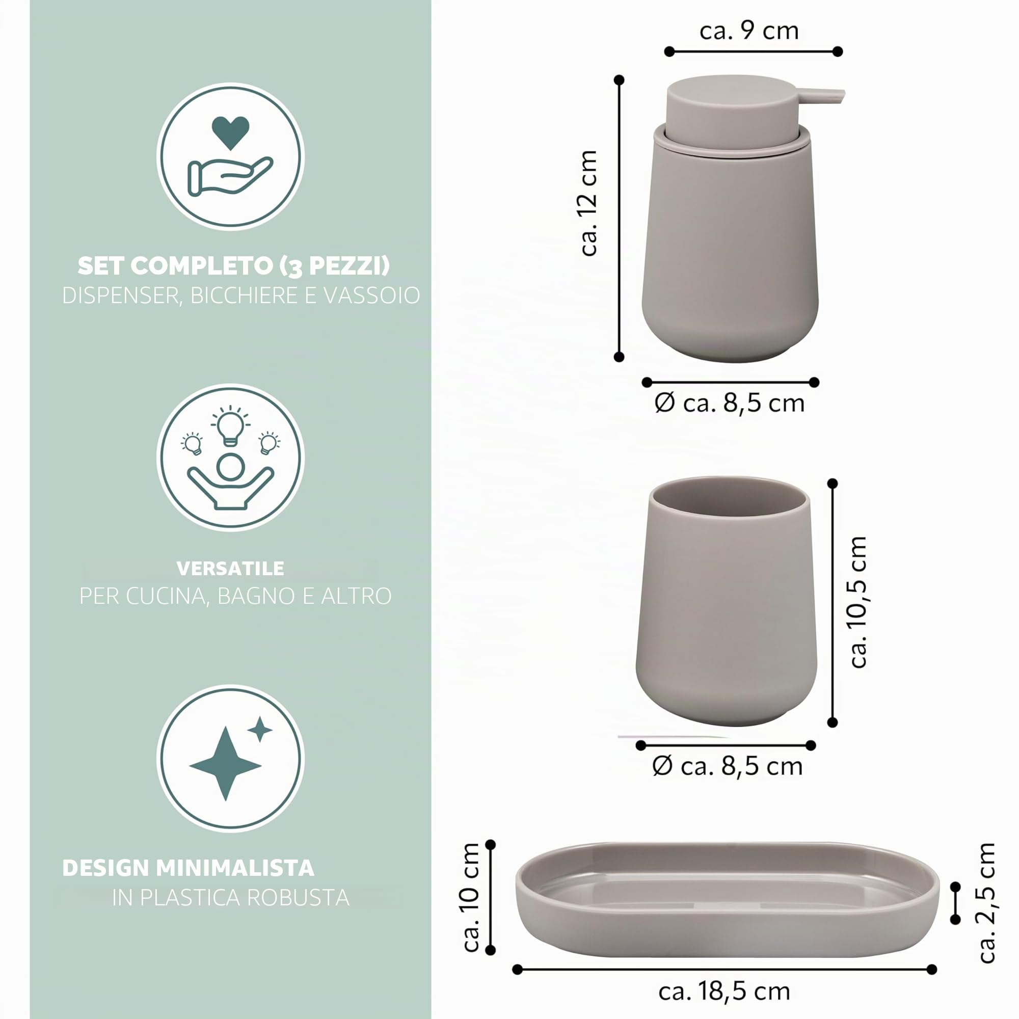 eluno TESERO - Set di accessori da bagno con superficie soft touch, 3 pezzi, composto da 1 dispenser di sapone, 1 tazza e 1 ciotola, ideale per bagno e cucina in plastica (tortora)