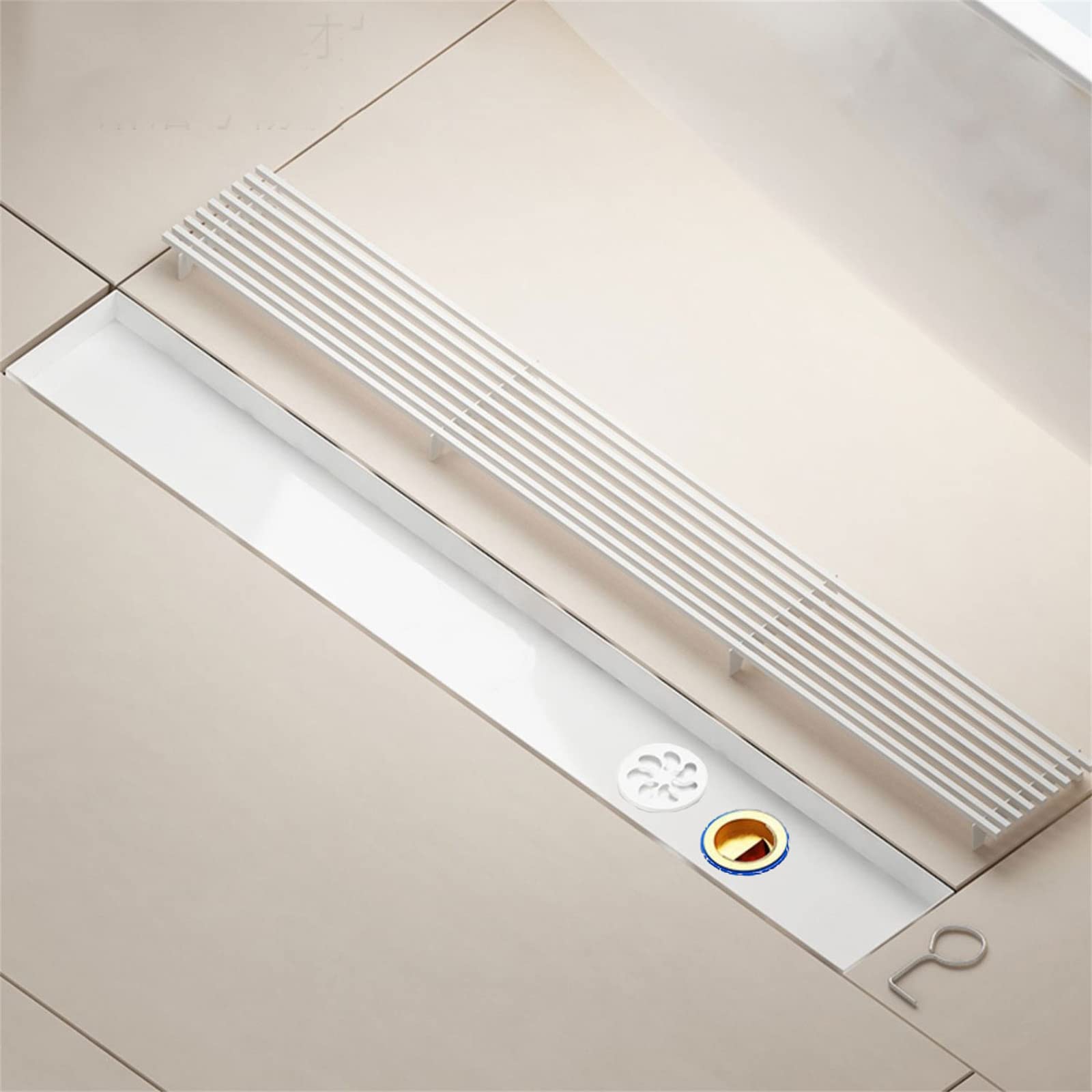 Desagüe de ducha lineal con rejilla, de acero inoxidable, rectangular, de 70 cm, colador de pelo blanco crema para ducha y cocina, diseño moderno impermeable, fácil de limpiar, solución duradera
