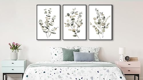 Miniatura 3 de Arte de pared botánico enmarcado grande  Decoración de pared de hojas de eucalipto de 16 x 24 pulgadas, juego de 3 impresiones de pintura de vida