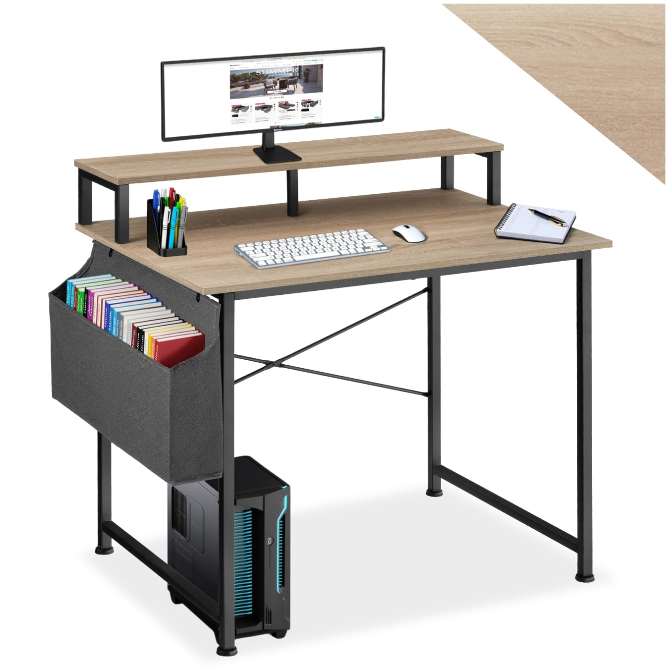 tectake® Computer Desk with Built-in Monitor Stand & Side Storage Bag, Home Office Desk with Sturdy Steel Frame & Wooden Tabletop, Ideal Living Room & Study Table, 120 x 60 x 110 cm - Light Wood