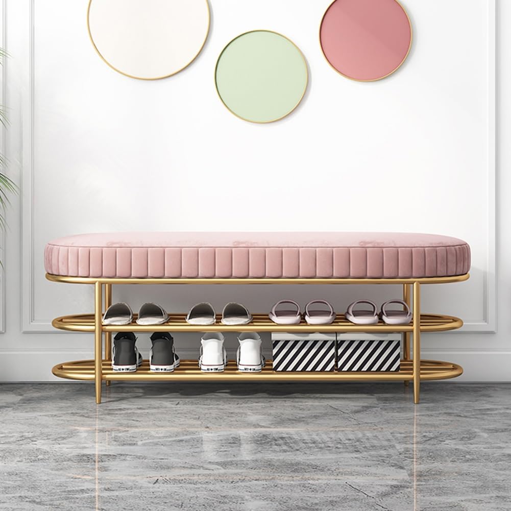 Étagère à chaussures d'entrée rose en métal avec assise rembourrée confortable