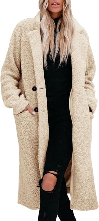 Perbai Womens Winter Long Fleece Jacket Lapel Double Breasted Sherpa Teddy Bear Peacoat with Pockets