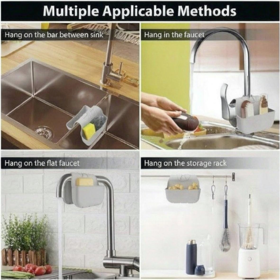 Panier d'évier en silicone – Organiseur de cuisine pour éponges et brosses à vaisselle – Support de robinet de salle de bain (gris)