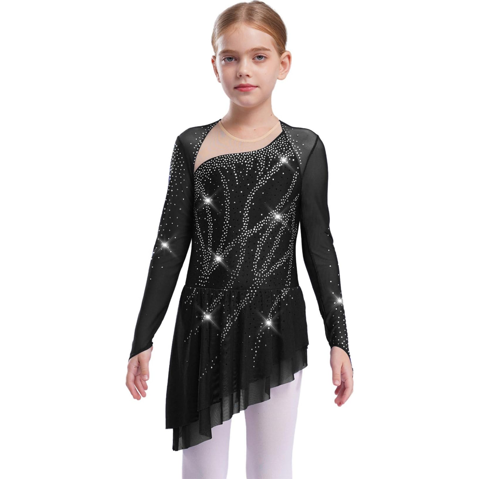 Oyolan Fille Robe Patinage Artistique Manches Longues Strass Asymétrique Danse Leotard Gymnastique