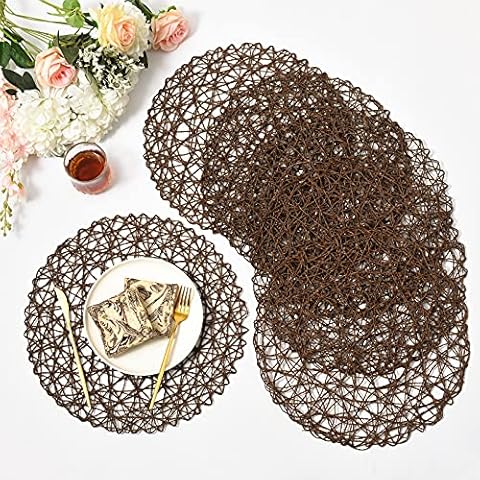 IcosaMro Dark Brown Round Placemats for Dining Table Set of 6 Non-Slip Woven Paper Circle Table Mats Place Mats for Table Decor Holiday Christmas Wedding Accent Centerpiece, 14.96 Inches Cover
