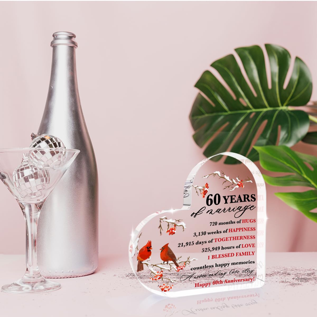 60 Years of Marriage Gift Happy 60th Anniversary Acrylic Decor Cardinal Gifts for Women 60th Wedding Anniversary Acrylic Gifts for Wife Husband Girlfriend Boyfriend Couple Home Office Desktop Decor