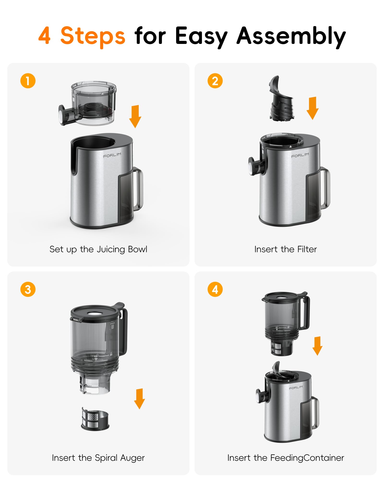 FORLIM Extracteur de Jus 250W Lent Rotatif 130mm Grande Cheminée Auto-alimentée 1,7L Réservoir Argent