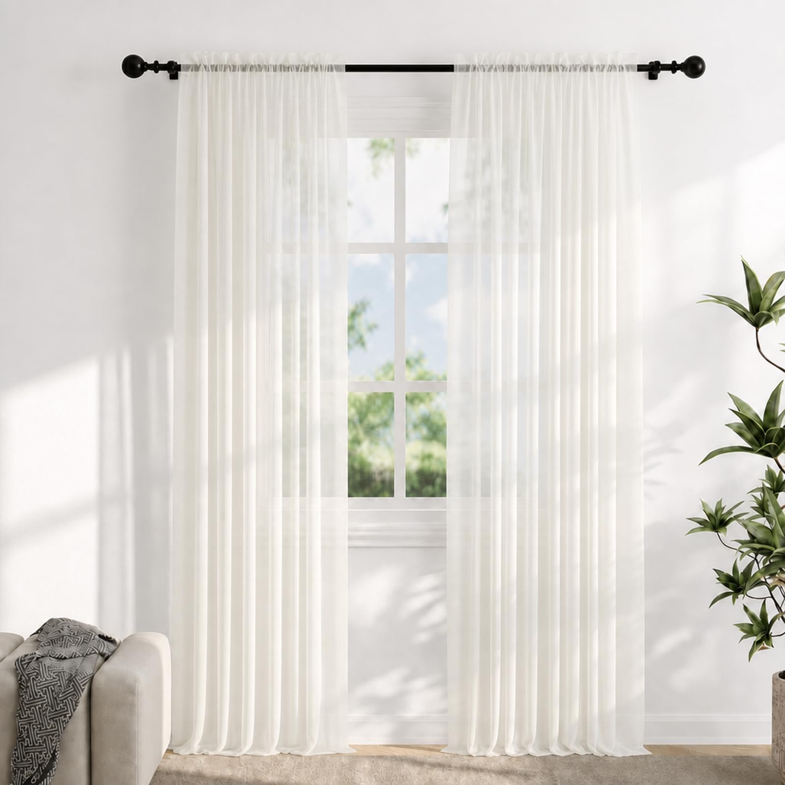 Flgef Voile Curtains for Windows 108 Drop, 2 Panels Dual Rod Pocket Sheer Curtains, Light Filtering Cream Net Curtains for Living Room Bedroom Kitchen, W56xL108 Inches — image 1
